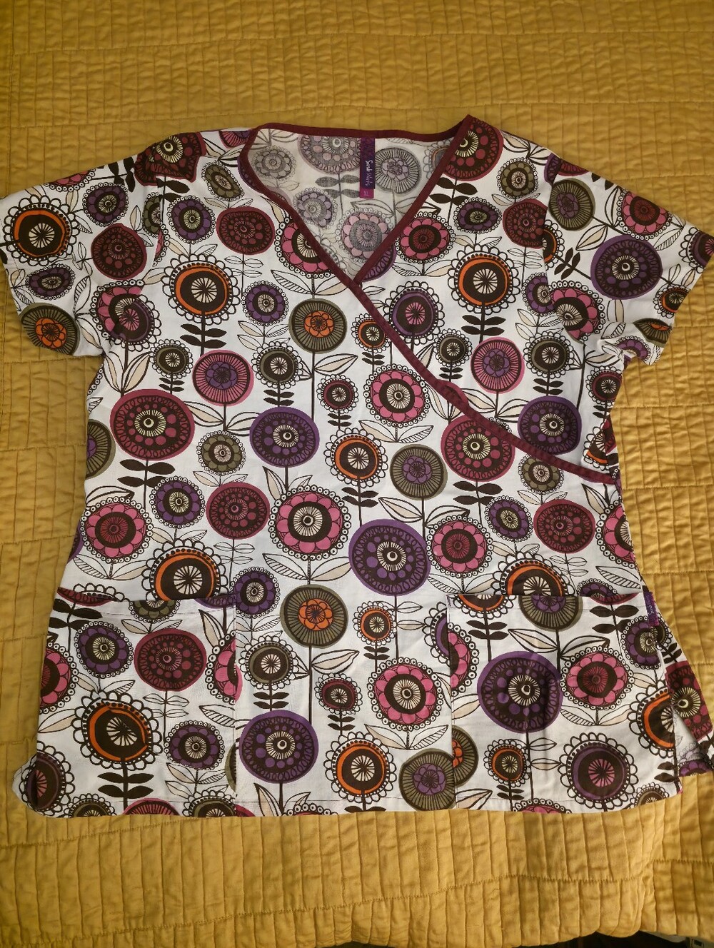 Scrub Works Women’s Floral Print Scrub Top in White with Pink & Purple Accents